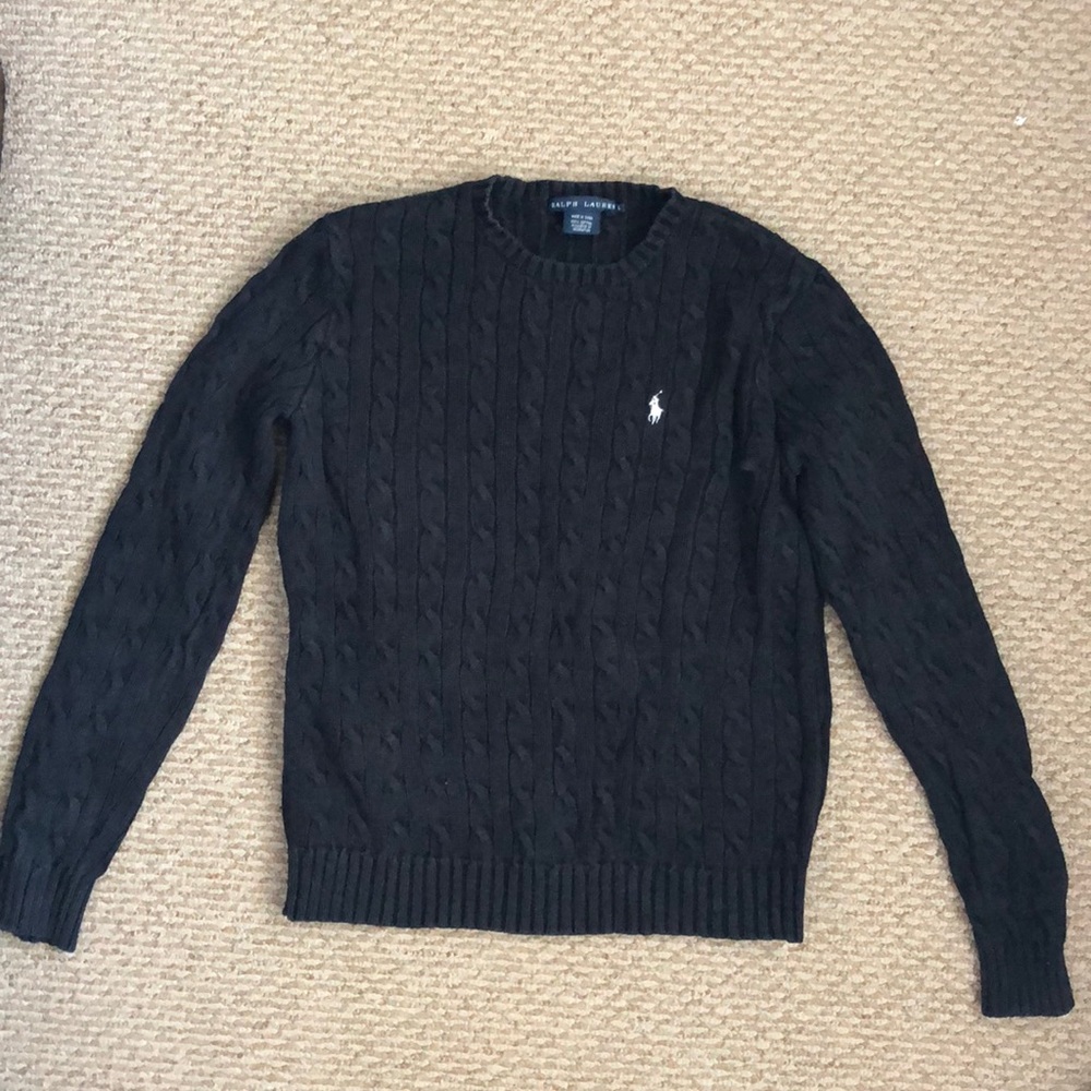 Ralph Lauren Black Cable Knit Crewneck Sweater with White Polo Logo
